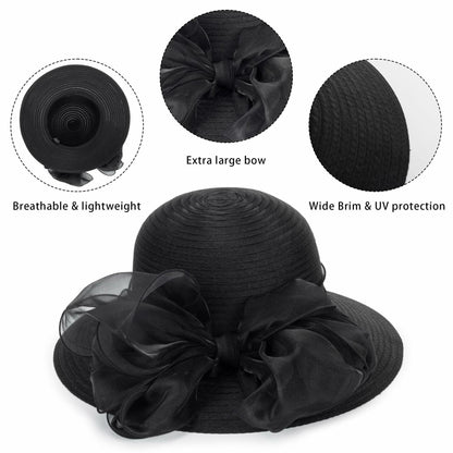 Kentucky Women Organza Sun Hat with Bow Black Wedding Tea Party Fascinator
