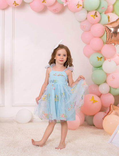 Floral Embroidered Tutu Dress Toddler Girls Bowknot Sleeveless Blue Size 2-3T