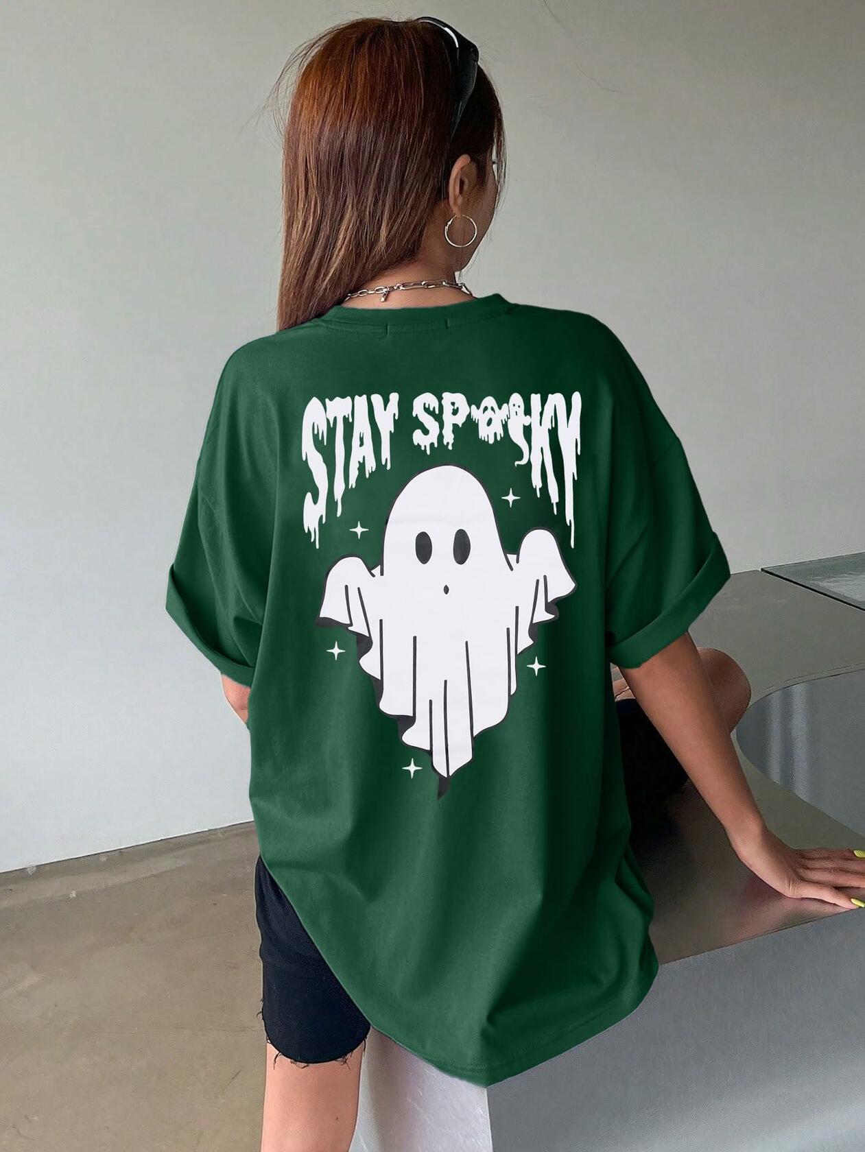 Halloween Oversize T-Shirt Women Spooky Graphic Ghost Tee Green Size XL