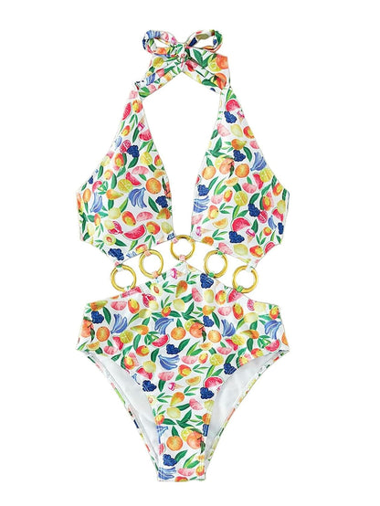 Fruit Print Ring Linked One Piece Swimsuit Cut Out Monokini Multicolor Size S