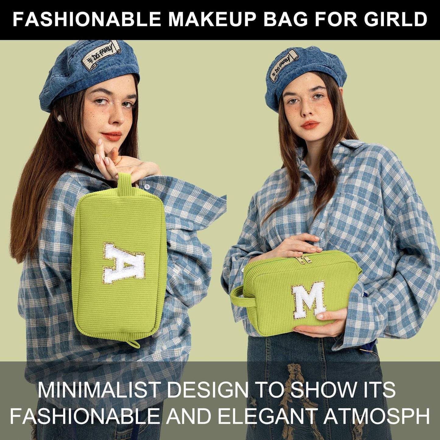 YOOLIFE Personalized Makeup Bag Monogram Cosmetic Bag Green Letter M