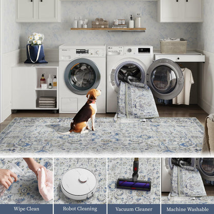 jinchan 5x7 Blue Washable Vintage Floral Area Rug Non-Slip Boho Carpet