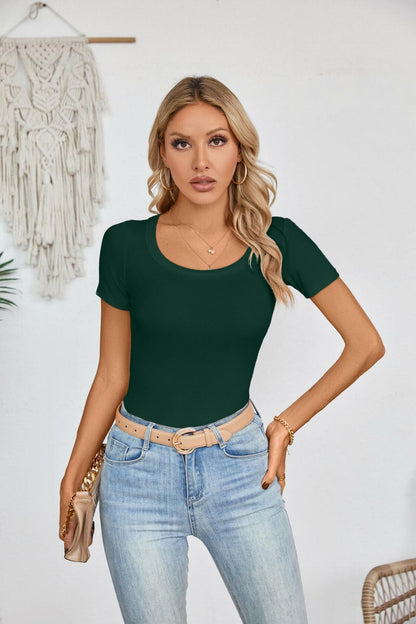 Haochic Womens Square Neck Slim Fit Ribbed T-Shirt Dark Green Size S