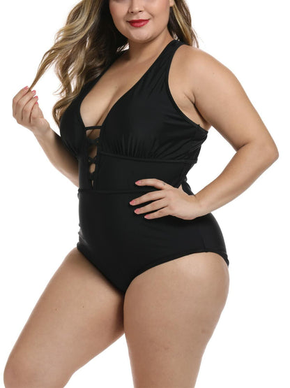 FlatterMe Women's Sexy Plus Size Black One Piece Swimsuit Lace Up Size 3XL