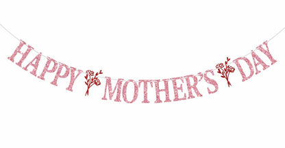 Happy Mother's Day Banner Best Mom Ever Flower Theme Pink & Red Glitter