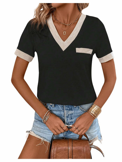 Verdusa Women's Contrast Binding V Neck Short Sleeve Colorblock Tee Black Size S