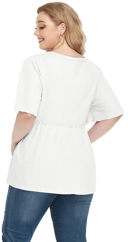 POSESHE Women's Plus Size V Neck Ruffle Button Up Blouse White Size L