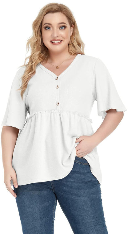 POSESHE Women's Plus Size V Neck Ruffle Button Up Blouse White Size L