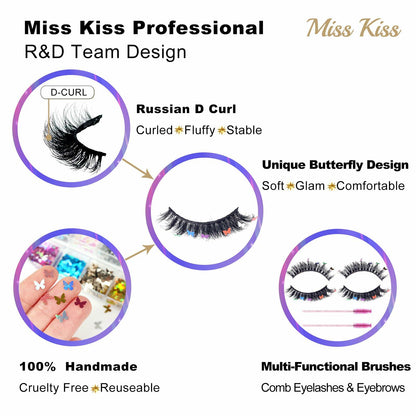Miss Kiss Butterfly Russian Curl False Eyelashes 14MM Black 2 Pairs + 2 Brushes