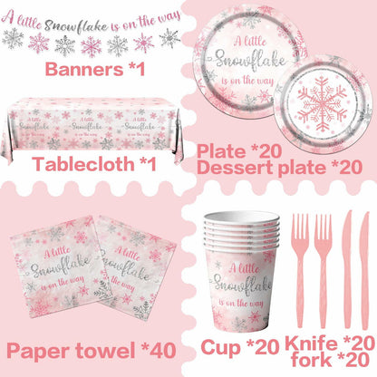 Winter Snowflake Plates & Napkins Pink Baby Shower 20pcs Winter Wonderland