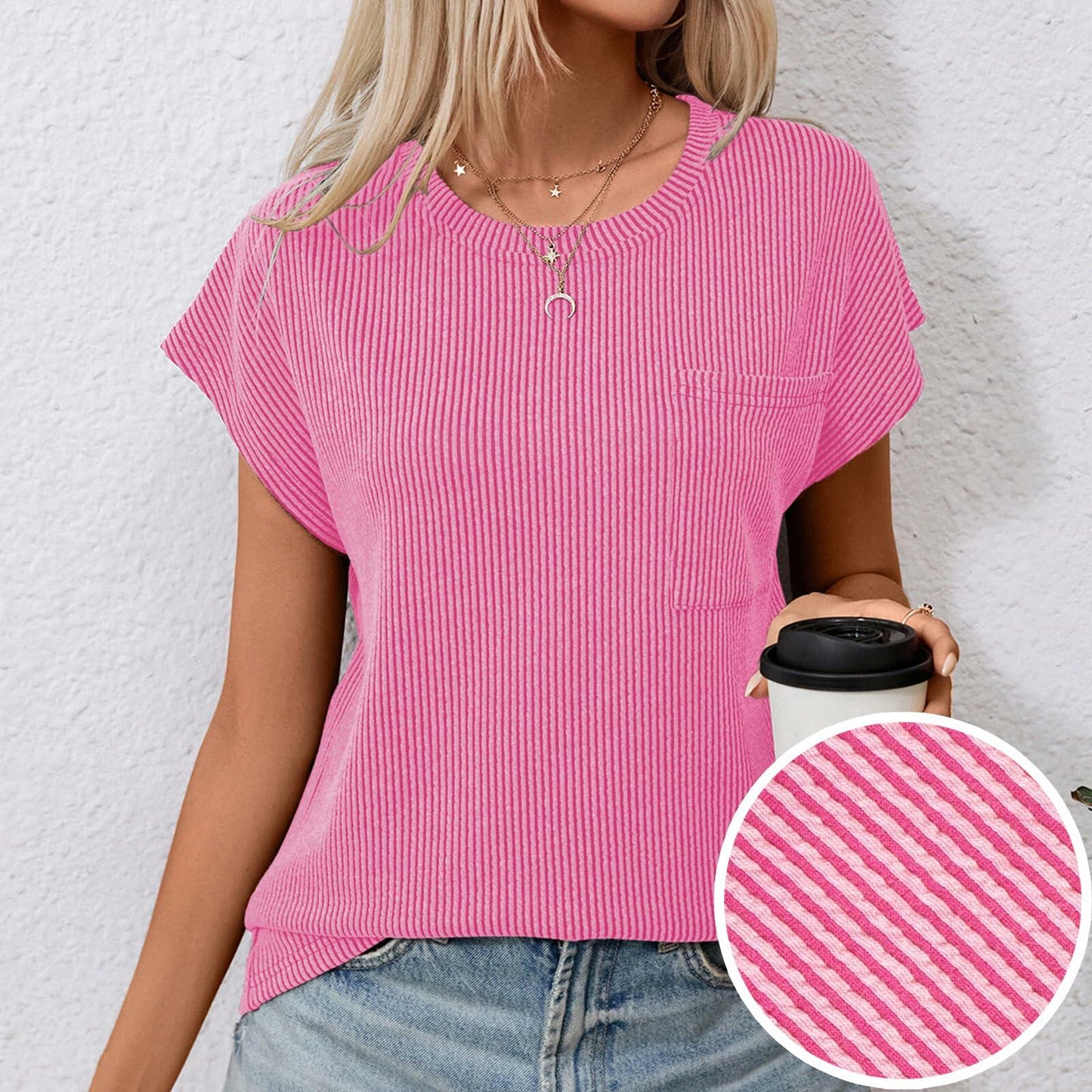 levaca Ribbed Cap Sleeve T Shirt with Front Pocket Blue Size S