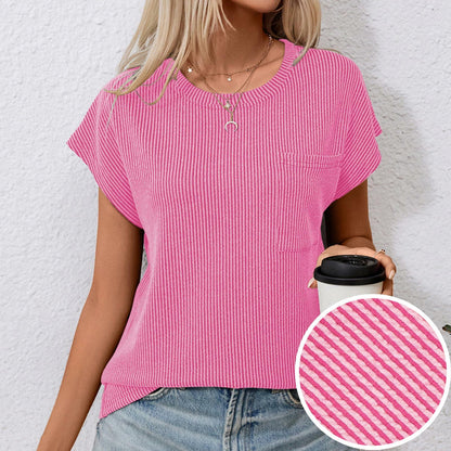 levaca Ribbed Cap Sleeve T Shirt with Front Pocket Blue Size S