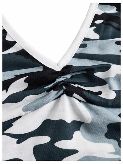 Women's Camo V Neck Sleeveless Crop Top Ruched Backless Dark Green Size M