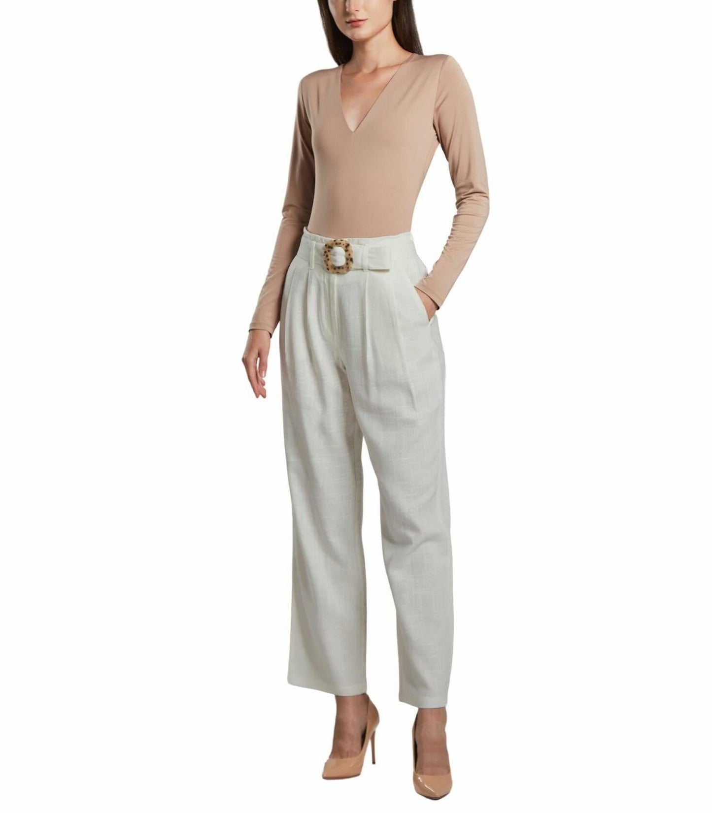 SANDY & SID Womens Linen Crop High Rise Straight Leg Pants White Size S