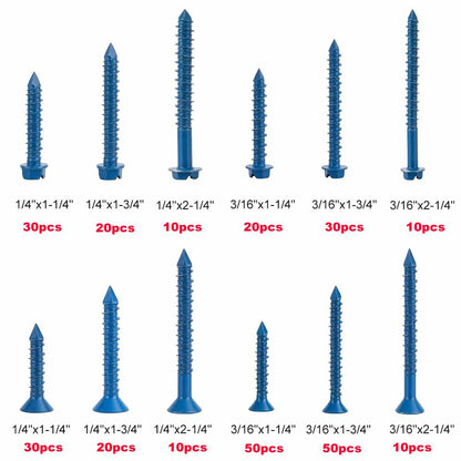 290PCS Concrete Screws 12 Sizes Flat & Hex Head Masonry Anchors 1.25"-2.25"