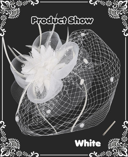 Kidukso Fascinators Hat Vintage 1925s Derby Mesh Veil Feathers White