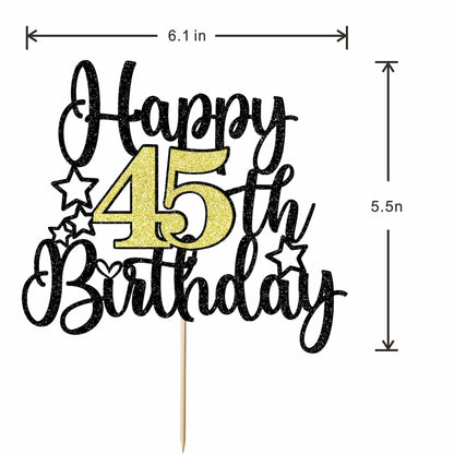 Happy 45th Birthday Cake Topper Black Gold Glitter Cheers to 45 Years