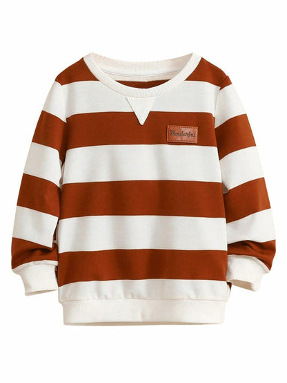 Verdusa Boy's Stripe Print Letter Patchwork Pullover Sweatshirt Brown Size 7Y