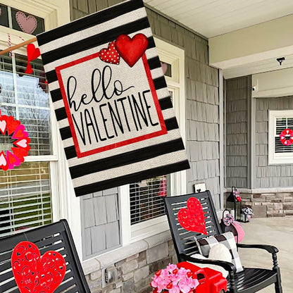 Hello Valentine Watercolor Stripes House Flag Love Heart 28x40 Inch Burlap