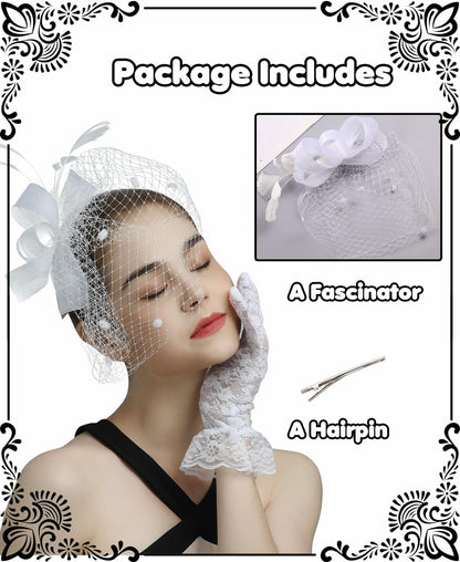Kidukso Fascinators Hat Vintage 1930s Derby Mesh Veil Feathers White