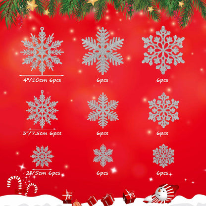 54pcs Silver Snowflake Christmas Tree Ornaments Glitter Indoor Decor