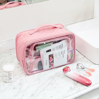 FUNSEED Clear Travel Toiletry Bag Large Organizer Pink Multiple Compartments
