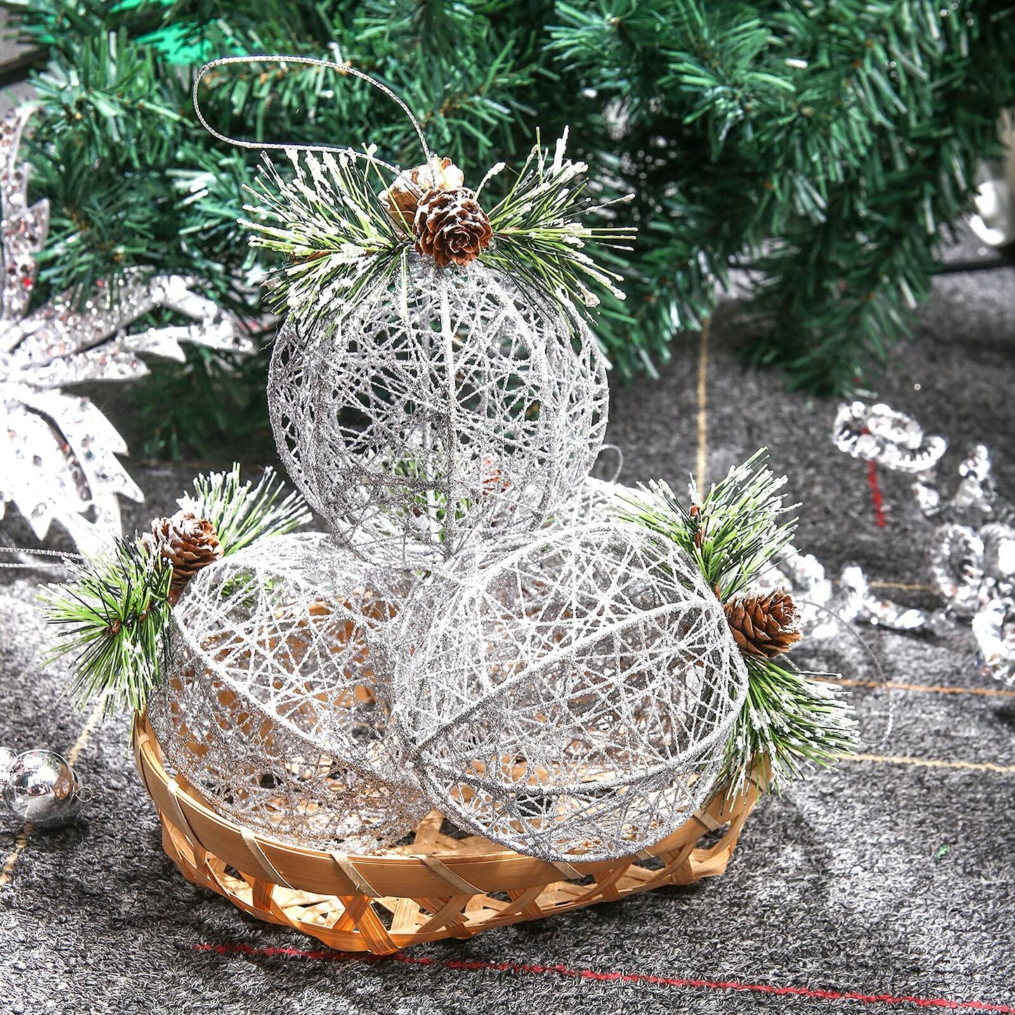 Christmas Ball Ornaments 4pc Silver Pinecone Rattan Thread String Decor