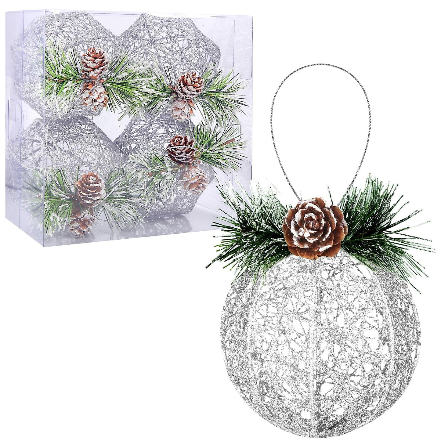 Christmas Ball Ornaments 4pc Silver Pinecone Rattan Thread String Decor