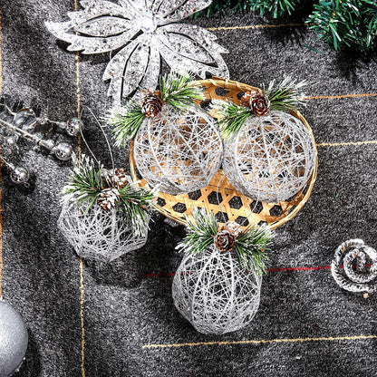 Christmas Ball Ornaments 4pc Silver Pinecone Rattan Thread String Decor