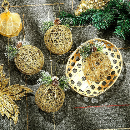 Christmas Ball Ornaments 4pc Set Champagne Pinecone Rattan String Decor