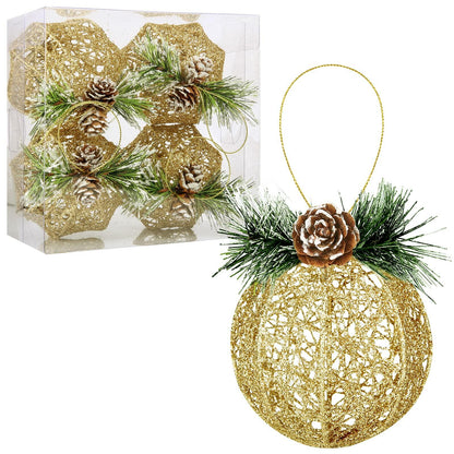 Christmas Ball Ornaments 4pc Set Champagne Pinecone Rattan String Decor