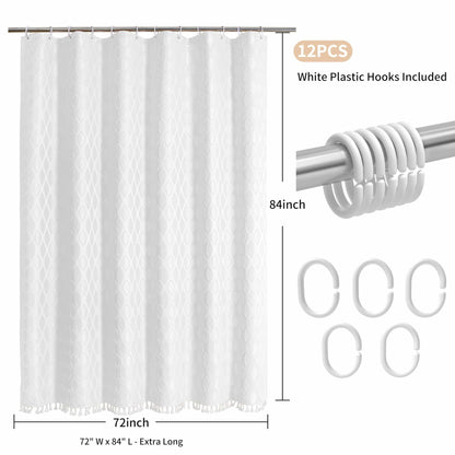 QiyI White Small Stall Shower Curtain Tassel Tufted Geometric 36x72 Inch