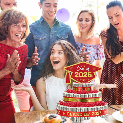 2025 Graduation 3 Tier Red Gold Grad Cap Cake Cash Gift Party Supplies