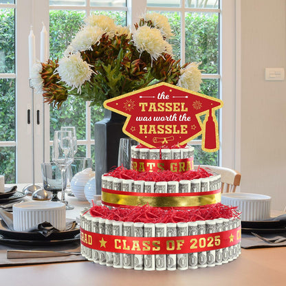 2025 Graduation 3 Tier Red Gold Grad Cap Cake Cash Gift Party Supplies