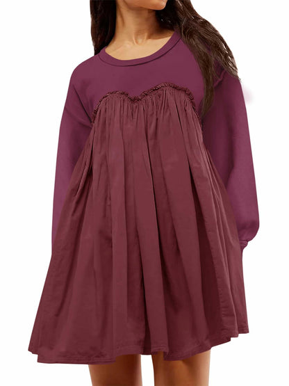 Wenrine Womens Long Sleeve Sweatshirt Dress Patchwork Wine Red S