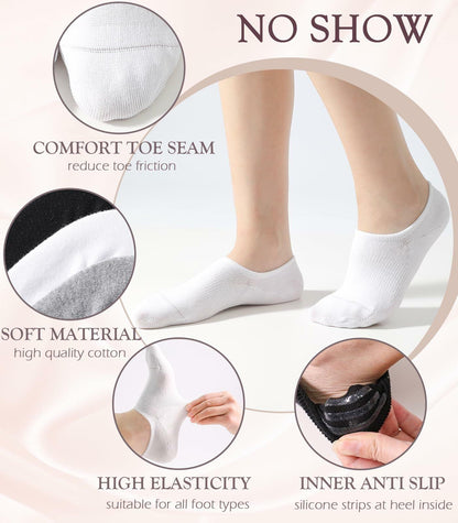 Breslatte No Show Socks Womens Men Soft Cotton Nonslip 6pairs Black Grey White S