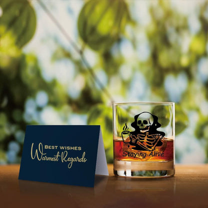 TOUNER Staying Alive Skull Whiskey Glass Clear 10oz Halloween Barware