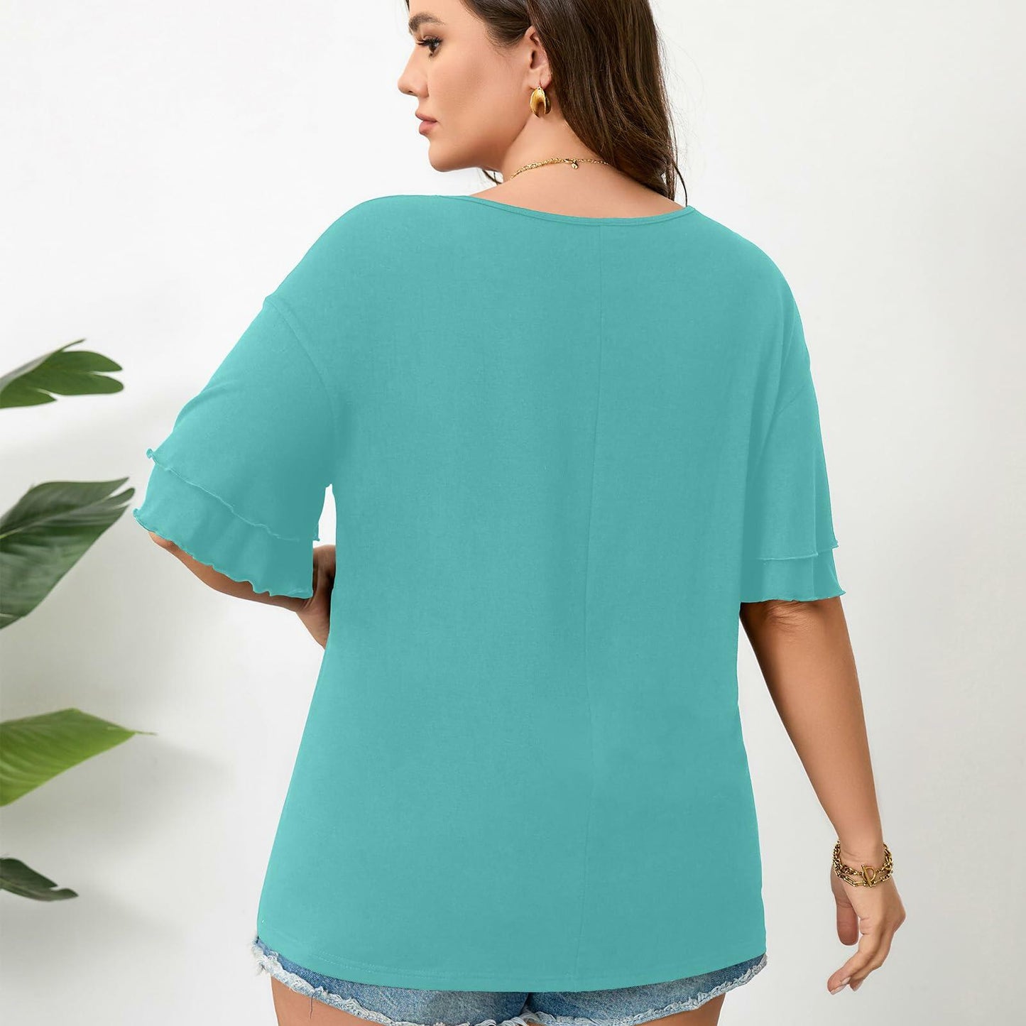 RWJ Women's Casual 3/4 Sleeve Crewneck Top Light Cyan Size L