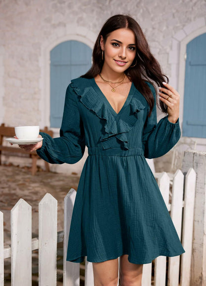 Women Autumn A Line V Neck Long Sleeve Textured Waistband Dress Royal Size M