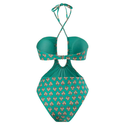 Hawaiian One Piece Swimsuit & Cover Up Wrap Skirt Set Halter Green Size L