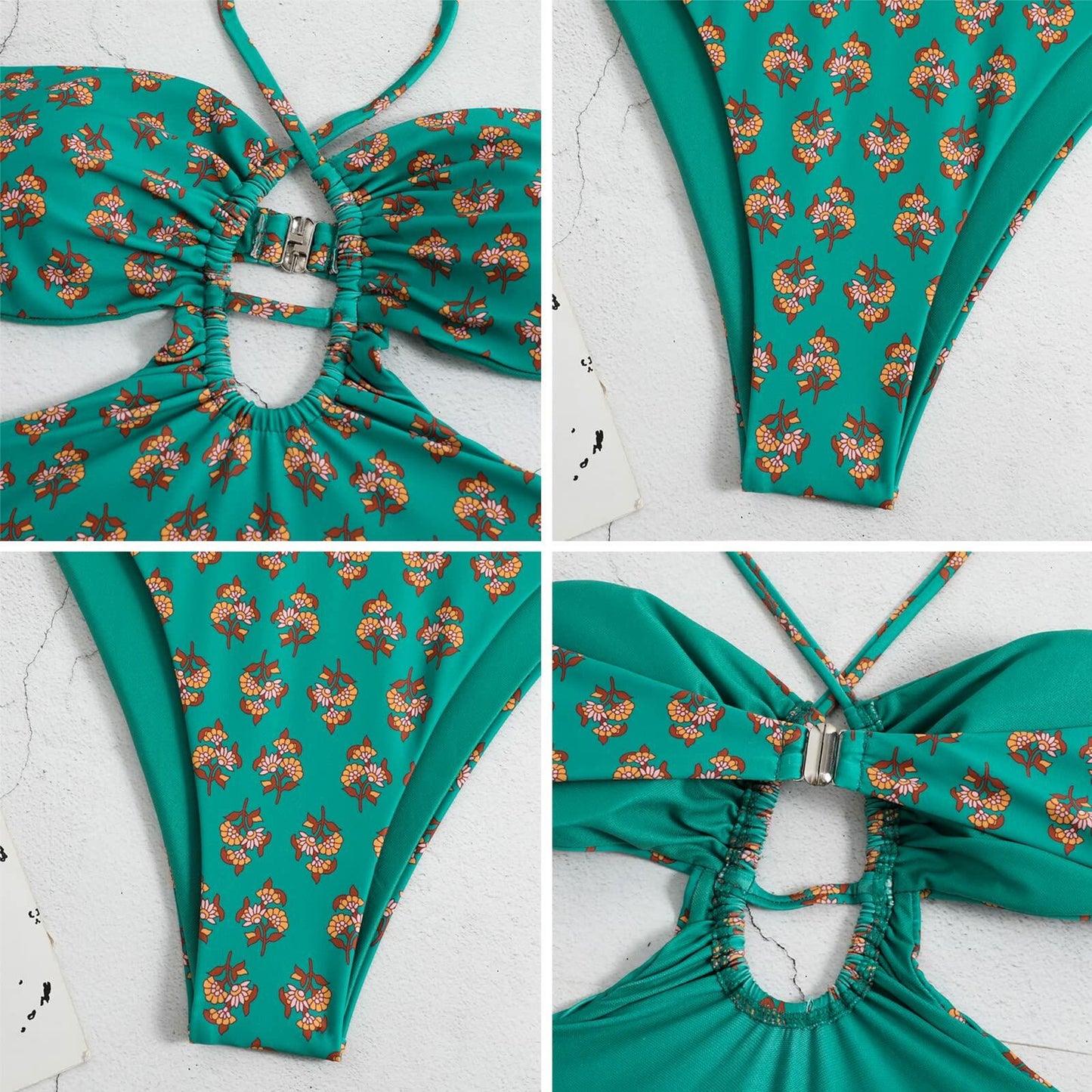 Hawaiian One Piece Swimsuit & Cover Up Wrap Skirt Set Halter Green Size L