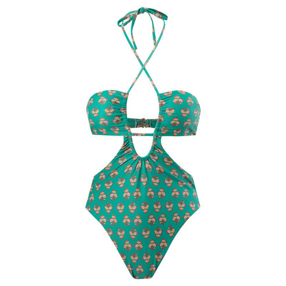 Hawaiian One Piece Swimsuit & Cover Up Wrap Skirt Set Halter Green Size L
