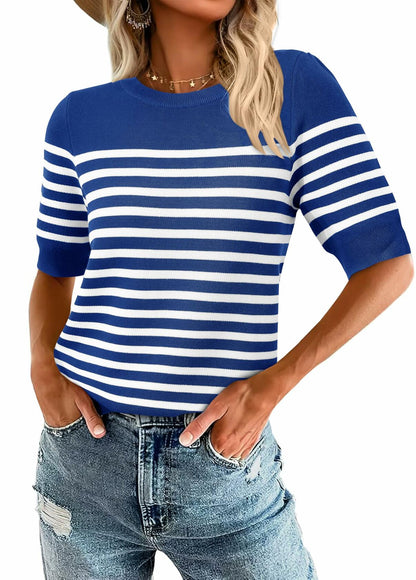 Amkoyam Women's Striped Ribbed Knit Pullover Sweater Top Dark Blue Size Small