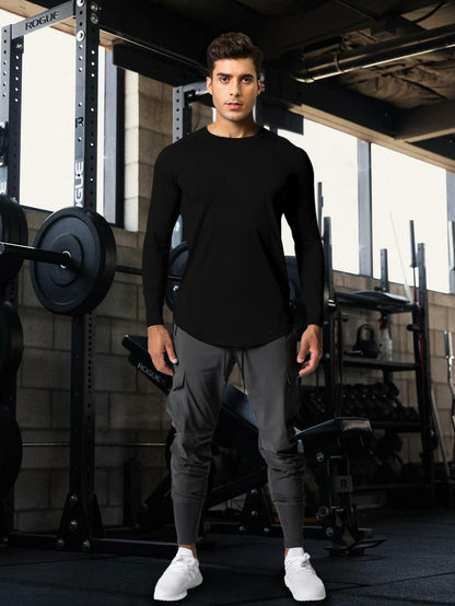 Comdecevis Men's Gym Workout Athletic Long Sleeve T-Shirt Black XL