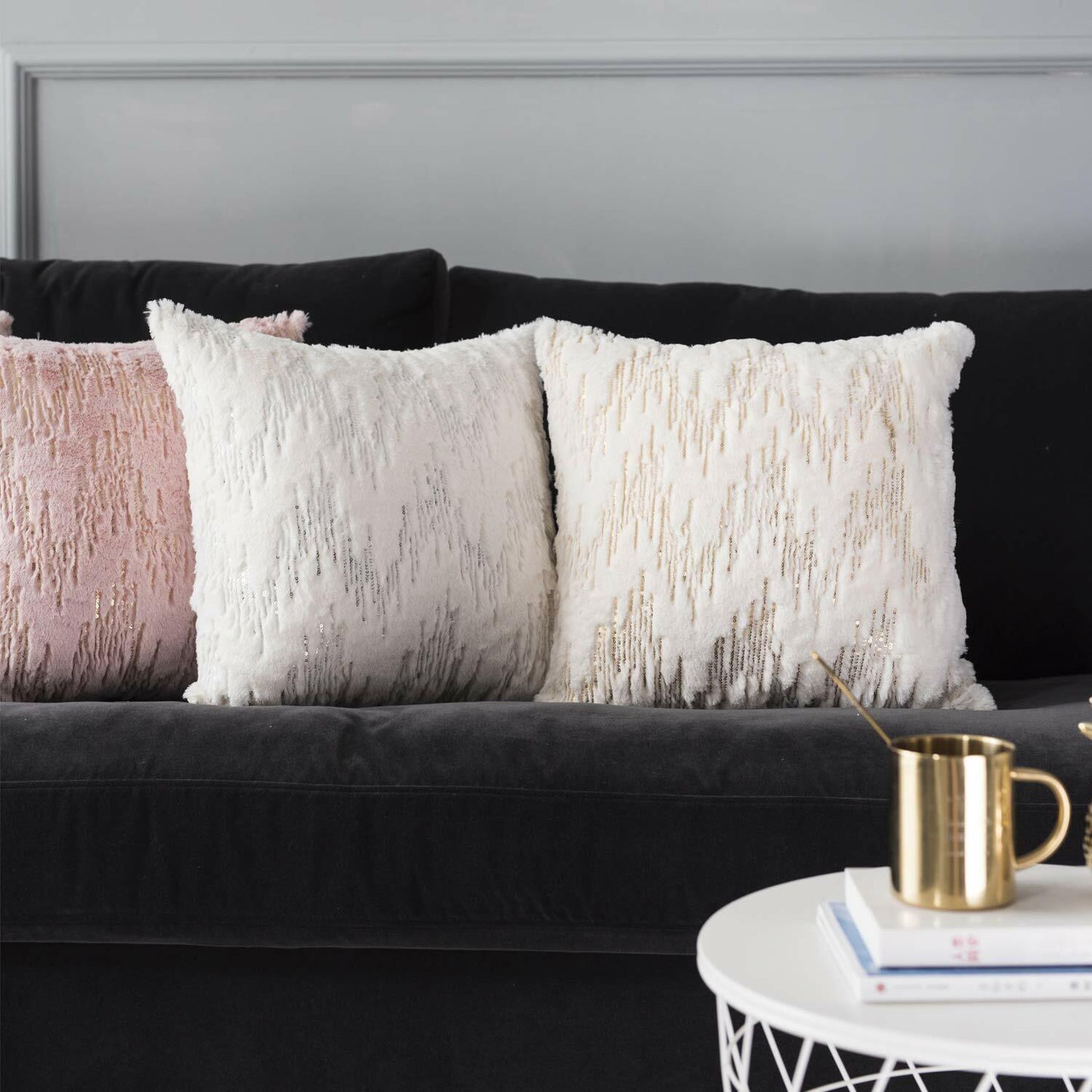 Throw Pillow Covers 18x18in Set of 2 White Fur Gold Embroidered Sequins