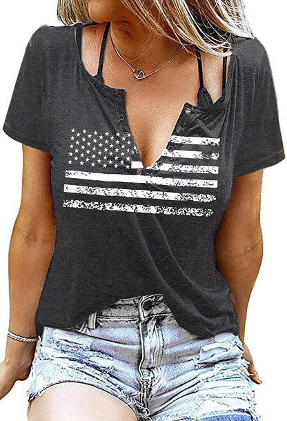Womens Patriotic V Neck T Shirt American Flag Graphic Dark Gray Size M