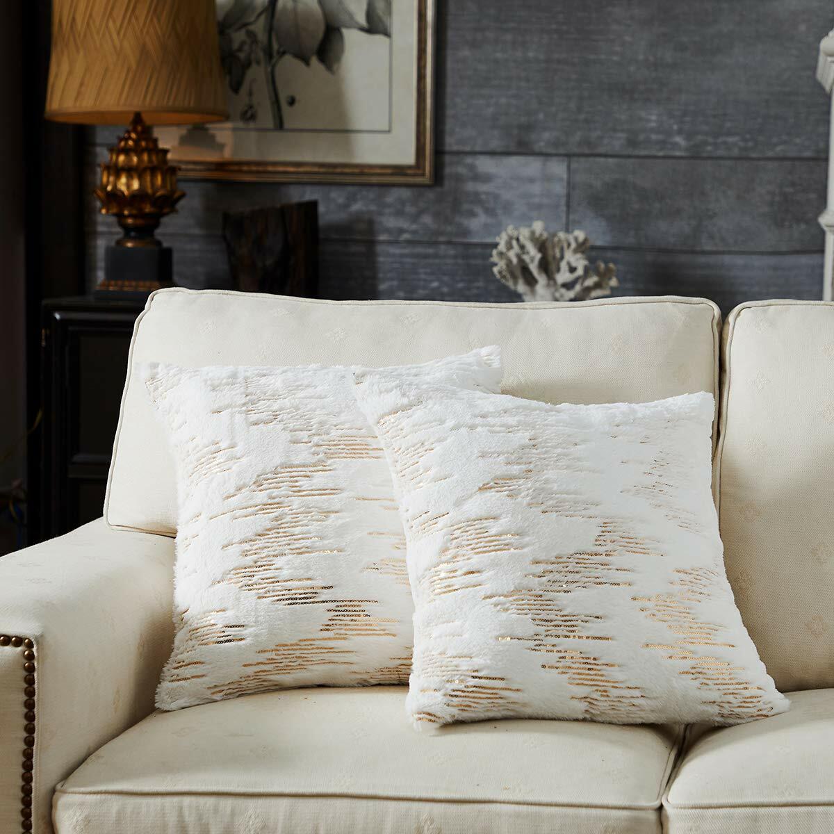 Throw Pillow Covers 18x18in Set of 2 White Fur Gold Embroidered Sequins