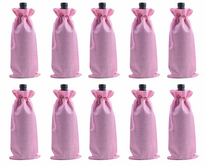 Viamto 10pcs Pink Burlap Wine Bags Drawstring Lining 15x35cm Gift Pouches