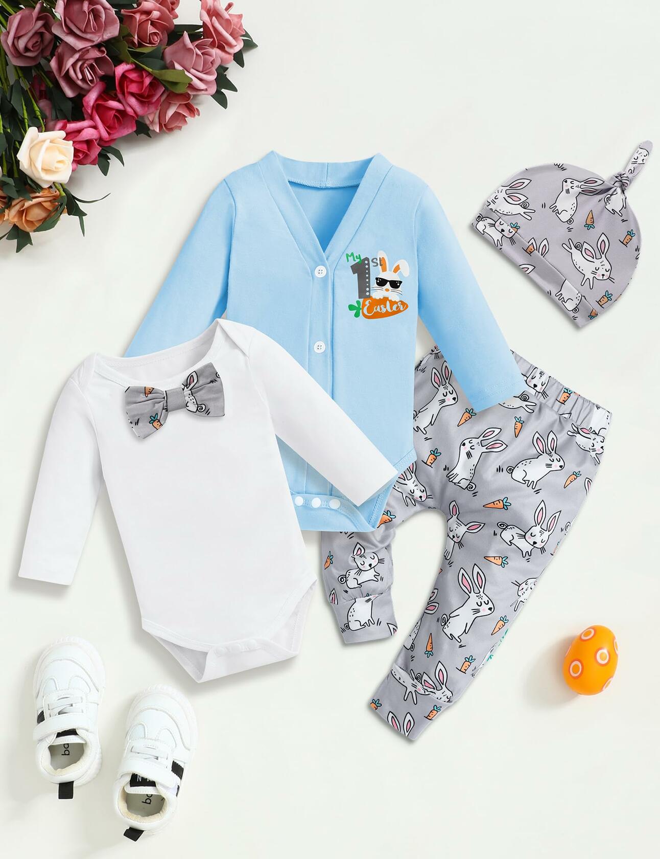 FoWear Baby Boy Easter Outfit Romper Rabbit Print Pants 4PCS Size 0-3M