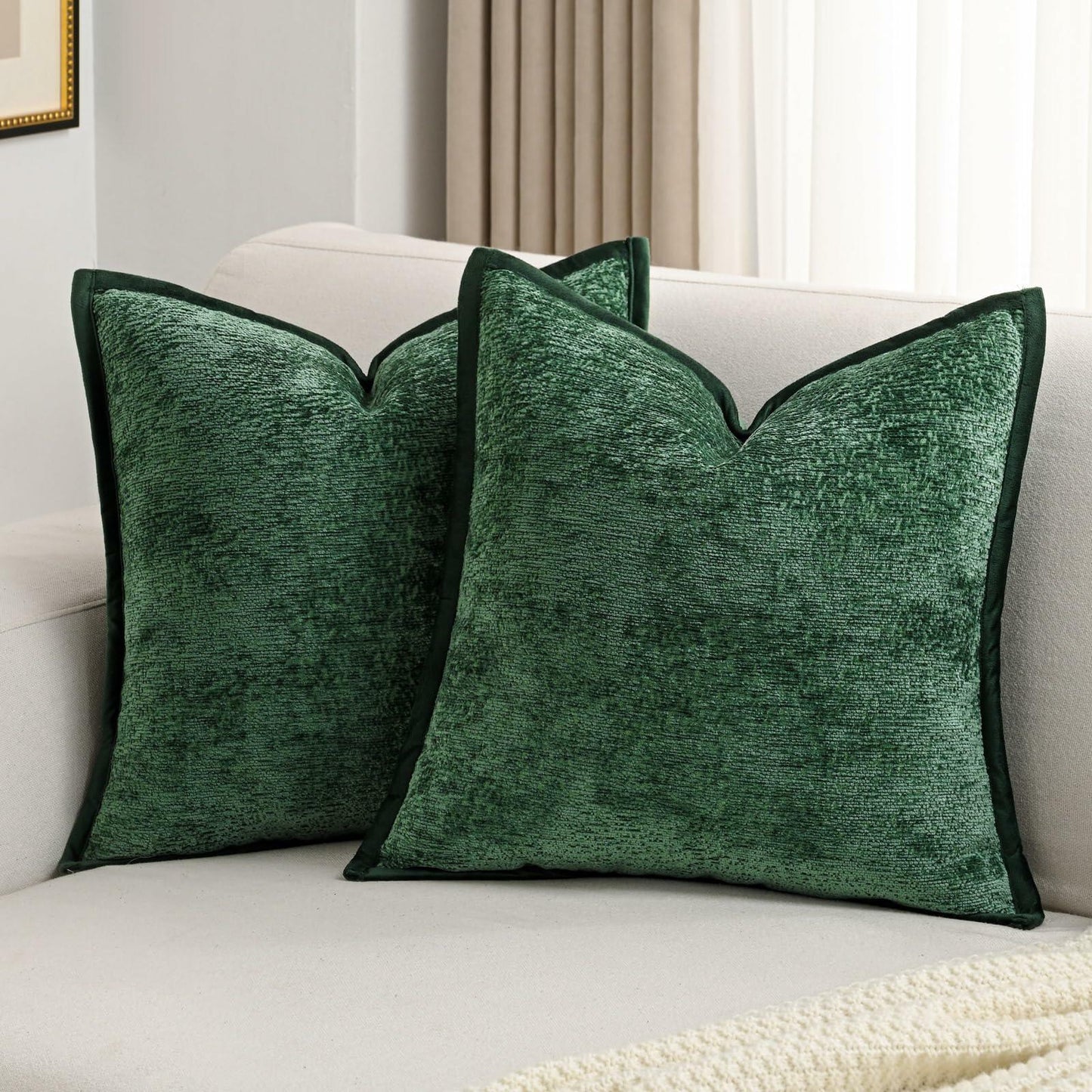 [Like New] FUTEI Dark Green Chenille Throw Pillow Covers Set of 2 26x26 Inch Euro Sham